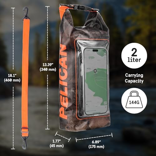 Image of Pelican Marine IP68 Waterproof Dry Bag 2L w /Phone Pouch /Case - Hunter Camo | Roll Top Waterproof Backpack with Touchscreen Phone Pouch - Swimming, Kayaking, Camping, Rafting, Fishing & Travel Essentials