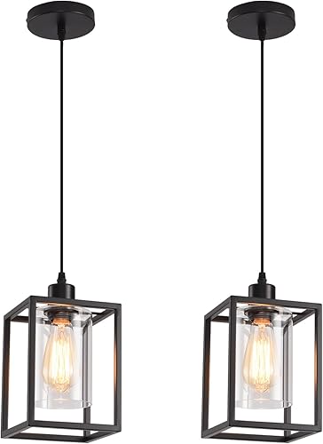 Miniatura 10 de Luces colgantes negras para isla de cocina, lámpara colgante de farol industrial con pantalla de vidrio transparente, iluminación colgante de altura