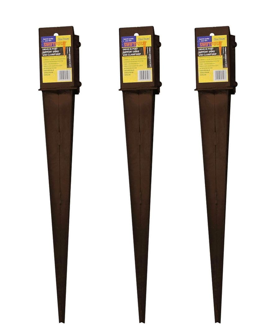 3 x Fence Post Holder 100mm posts Support Drive Down Spike Clamp Grip Brown for 100mm x 100mm posts, 750mm spike (4" x 30") Eliza Tinsley Swiftpost, Pack of 3