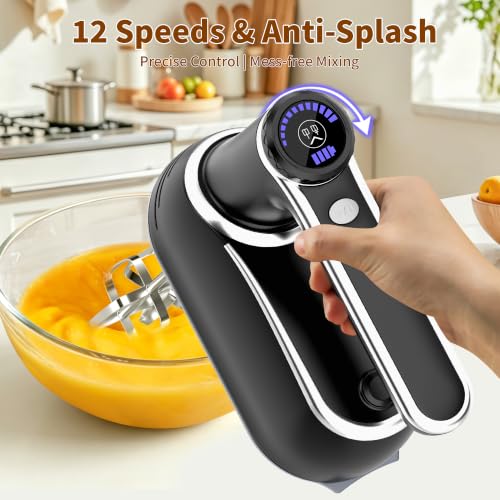 Image of binROC Cordless Electric Hand Mixer, 12-Speed Rechargeable Handheld Mixer with Eject Button, 6 Stainless Steel Attachments, Snap-On Storage Case, LED, Self-Stand for Baking, Cake, Dough, Egg (Black)