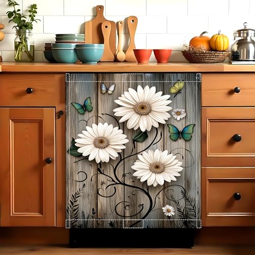 Image of Rustic Daisy Dishwasher Magnet Cover, 23x26 in Floral Butterfly Dishwasher Magnet Covers for Kitchen Decor Summer Farmhouse Dish Washer Sticker Fridge Panel Decal for All Seasons