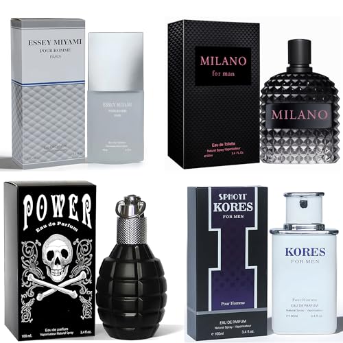 META-BOSEM Mens Cologne Set, Eau de Parfum, 4 Pack (3.4 oz / 100 mL Each), Valentine for Men, Essey Miyami, Power, Kores, Power &amp; Prestige, for special occasions and dinners, Long-Lasting