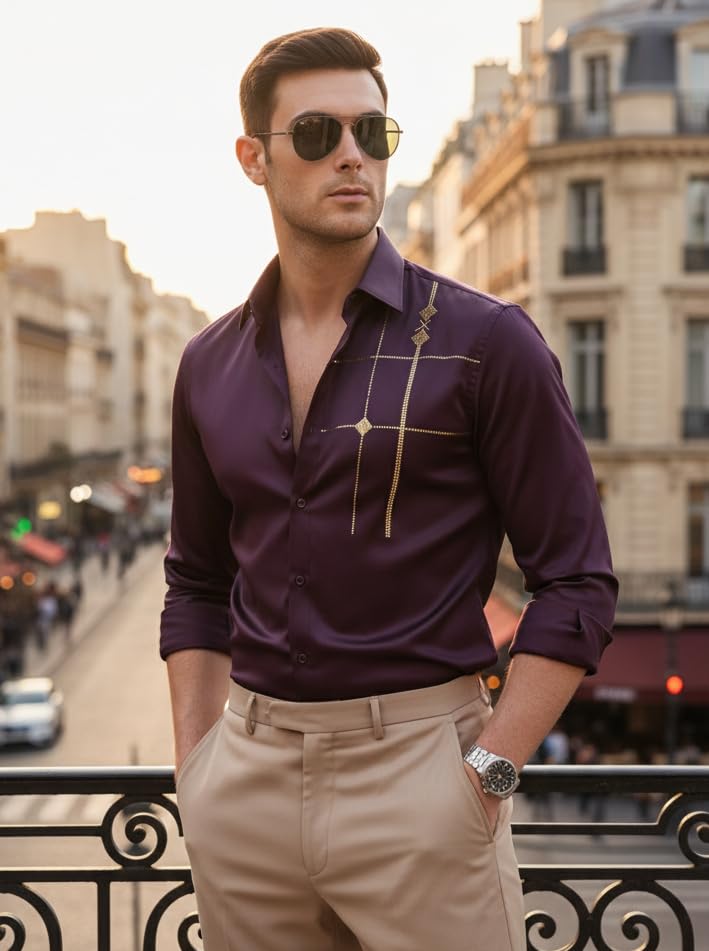 Image of IndoPrimo Men's Premium Satin Shirt for Party, Formal and Casual Wear - Stylish Designer Full Sleeve Shirt for Men