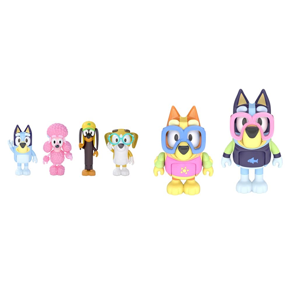 Bluey and Friends, Coco, Snickers and Honey 4 Figure Pack Articulated Character Action Figures & Pool Time and Bingo 2 Figure Playset Pack Articulated 2.5 Inch Action Figures