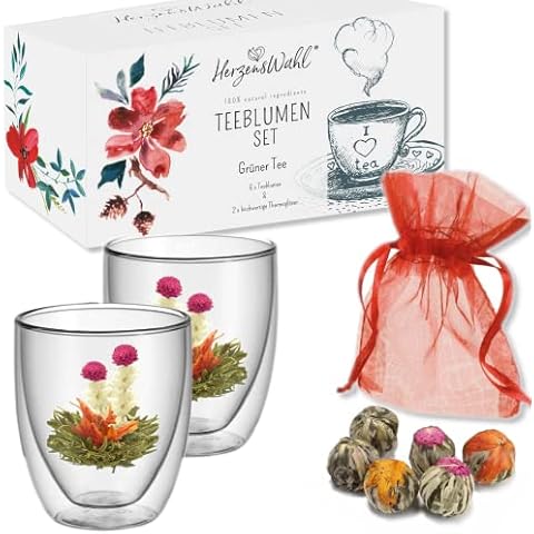 HerzensWahl Teeblumen Geschenkset | 6x Teeblumen, 2x Teetassen & Geschenkbox | Erblühtee | Teerosen Probierset | grüner Tee Cover