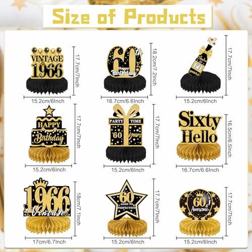 Image of 60th Birthday Party Decorations - 9PCS Vintage 60th Birthday Table Decorations for Men Women Black Gold Table Honeycomb Centerpiece Decorations Supplies for Sixty Year Old Birthday Party