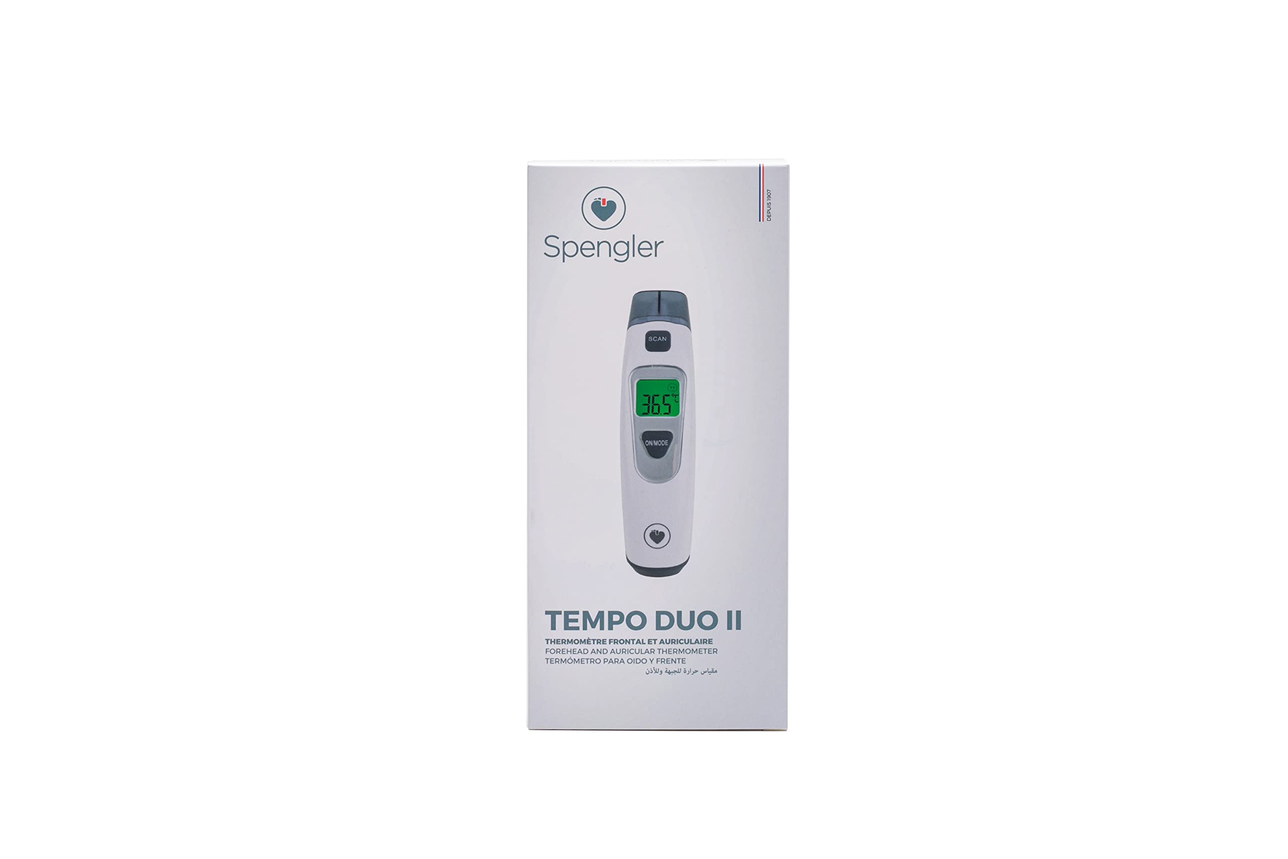 SPENGLER Tempo Duo II, termometro a infrarossi frontale e auricolare, per presa di temperatura veloce e affidabile, ultra preciso, versatile, performante, schermo retroilluminato in 3 colori