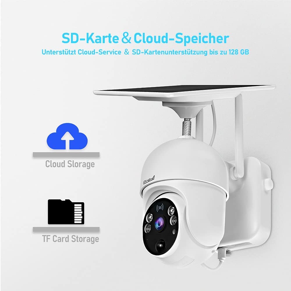 JideTech Solarna kamera monitorująca, zewnętrzna, akumulator 14400 mAh, 1080p PTZ WiFi Dome kamera WLAN z panelem słonecznym, wykrywaniem PIR i radaru, noktowizor kolorowy, 2-drożne audio, widoczność