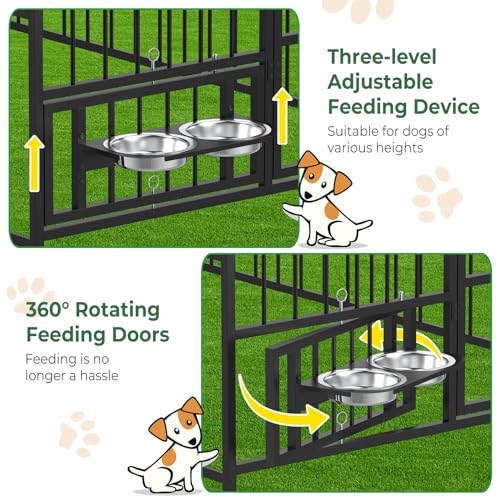 Large Outdoor Dog Kennel with Bowls and 360° Rotating Feeding Door, Heavy Duty Dog Kennel Playpen with Waterproof Roof Cover and Secure Lock, Dog Run Enclosure with 3 Sidewalls, 6.6’×3.9’×5.9′ Large Outdoor Dog Kennel with Bowls and 360° Rotating Feeding Door, Heavy Duty Dog Kennel Playpen with Waterproof Roof Cover and Secure Lock, Dog Run Enclosure with 3 Sidewalls, 6.6’×3.9’×5.9′