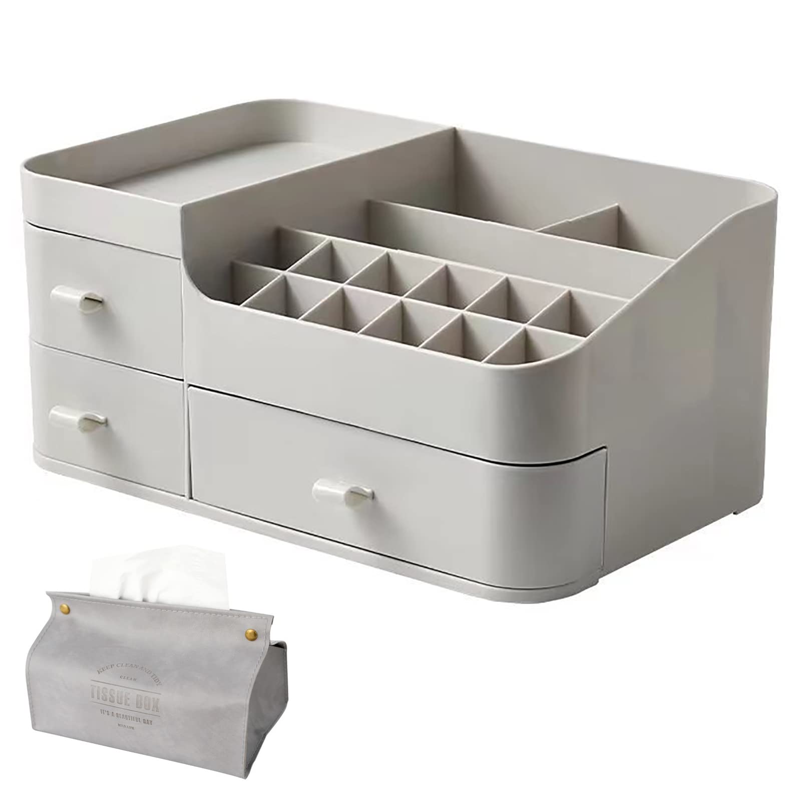 Multi-Function Makeup Organiser Cosmetic Storage Box Dustproof with 3 Drawers Chic Skincare Storage Desktop Skin Care Products Jewelry Organizer with Tissue Box 27.5 * 17.5 * 13cm