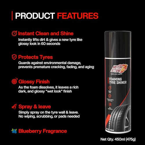 Image of Foaming Tyre Shiner | 450ml (475g) | Cleans Dirt Instantly & Restores Showroom-Like Wet Black Finish | Prevents Fading & Cracking | Easy Spray Application.