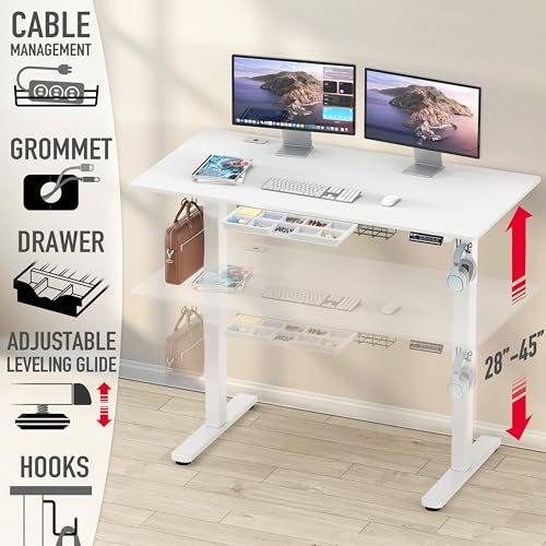 Image of SHW 55 x 28 Inches Electric Height Adjustable Standing Desk with Drawer and Memory Preset, White