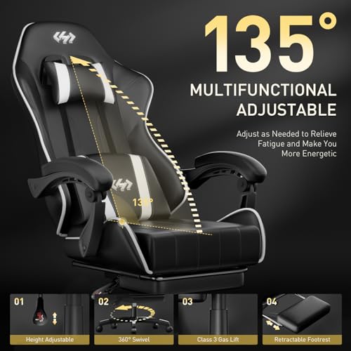 Image of HLDIRECT Gaming Chair, Ergonomic Computer Office Chair with Lumbar Support Footrest Headrest, Adjustable Height & Backrest Angle Video Gamer Chair, PU Leather, 360 Swivel, Adult (Black&White)