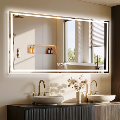 Image of 72x32 LED Bathroom Mirror with Anti-Fog, Backlit & Front Lit, Memory | Stepless Dimmable 3 Color CRI 95+ Shatterproof Tempered Glass ETL Listed for Safety Lighted Bathroom Vanity Mirror for Wall