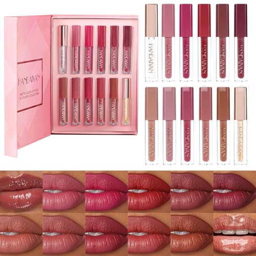 Set de 12 brillos de labios,Brillo de labios mate y brillante,Brillo de labios de larga duración para mujeres y niñas,Kit de maquillaje de labios no pegajoso con fórmula hidratante