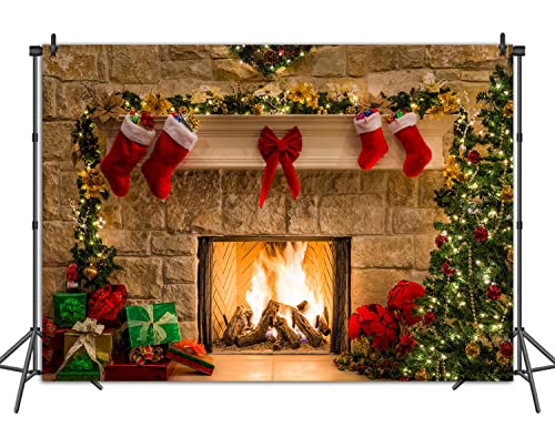 BINQOO 9x6ft noël cheminée Arbre Chaussette Toile de Fond Arbre de noël Chaussette Rouge Cadeaux Santa Guirlande Balle fête Photographie Fond Stand décor Accessoires – Image 6