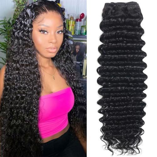 12A Deep Wave Bundles Human Hair 16 Inches, 100% Unprocessed Indian Human Hair Bundles Wet and Wavy Raw Virgin Hair One Bundles Deal Curly Weave Bundles(Natural Color, 16 Inches)