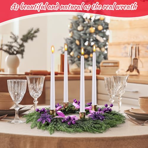 Potchen Christmas Advent Wreath Ring Candleholder for Table Centerpiece 22 Inch Large Purple Ribbon Advent Wreath Catholic Church DIY Crafts Decoration with Cypress Leaves Poinsettia Glitter Berry by Potchen - Image 6