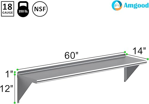 Vista 36 de AmGood Estante de pared de acero inoxidable de 60 pulgadas de largo x 8 pulgadas de profundidad Certificado NSF Estantería de metal