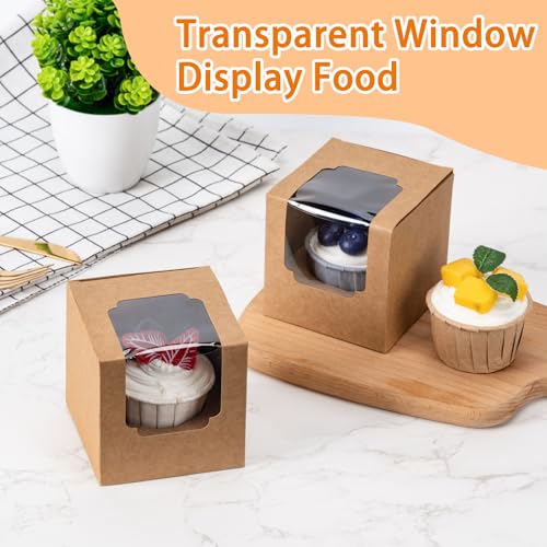 Image of BOOMIBOO 25 Pack Individual Cupcake Containers, Cupcake Boxes with Window, Food Grade Cupcake Holders with Inserts, Stackable Deep Cupcake Carrier Easy Transport and Presentation (Brown)