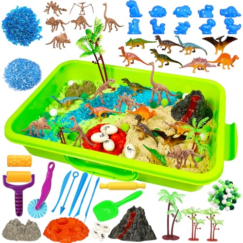 Bbiamsleep Dinosaur Sensory Bin, 147 Pcs Dinosaurs Sand Kit with Sandbox 2.2 lbs Color Sensory Sand 10 Dinosaur Mould 9 Tools Dinosaur Sensory Bin Fillers for Birthday Party