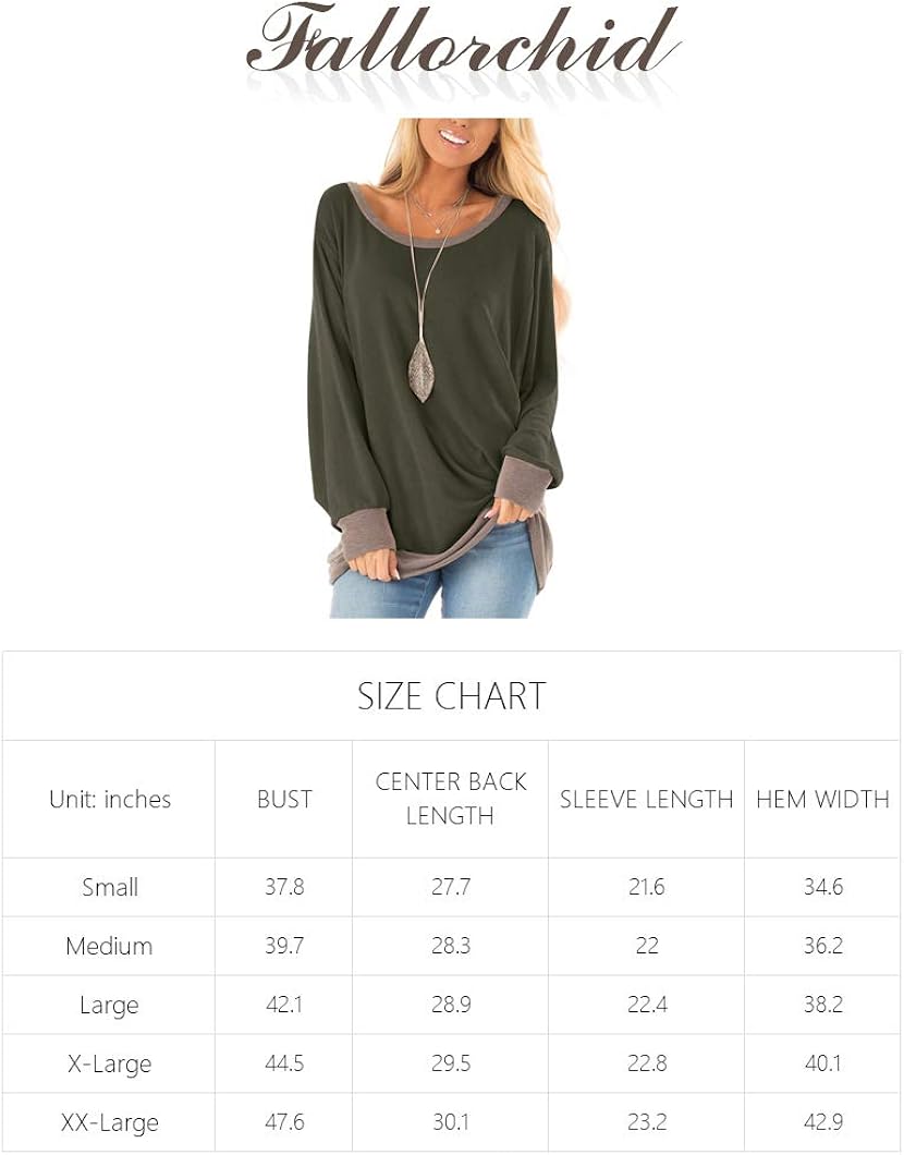 Fallorchid Womens Long Sleeve Tops Crew Neck Tunics Clothes Casual Color Block Sweatshirt Large Army Green