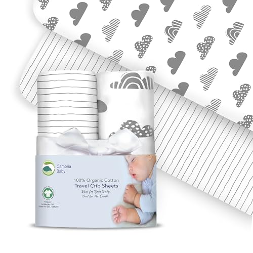 100% Organic Cotton Fitted Travel Crib Sheets Perfectly Compatible with Guava Lotus BabyBjorn Dream On Me and All mattresses 22-26 Wide by 40-44 Long. Strap Holes in Corners. 2 Pk