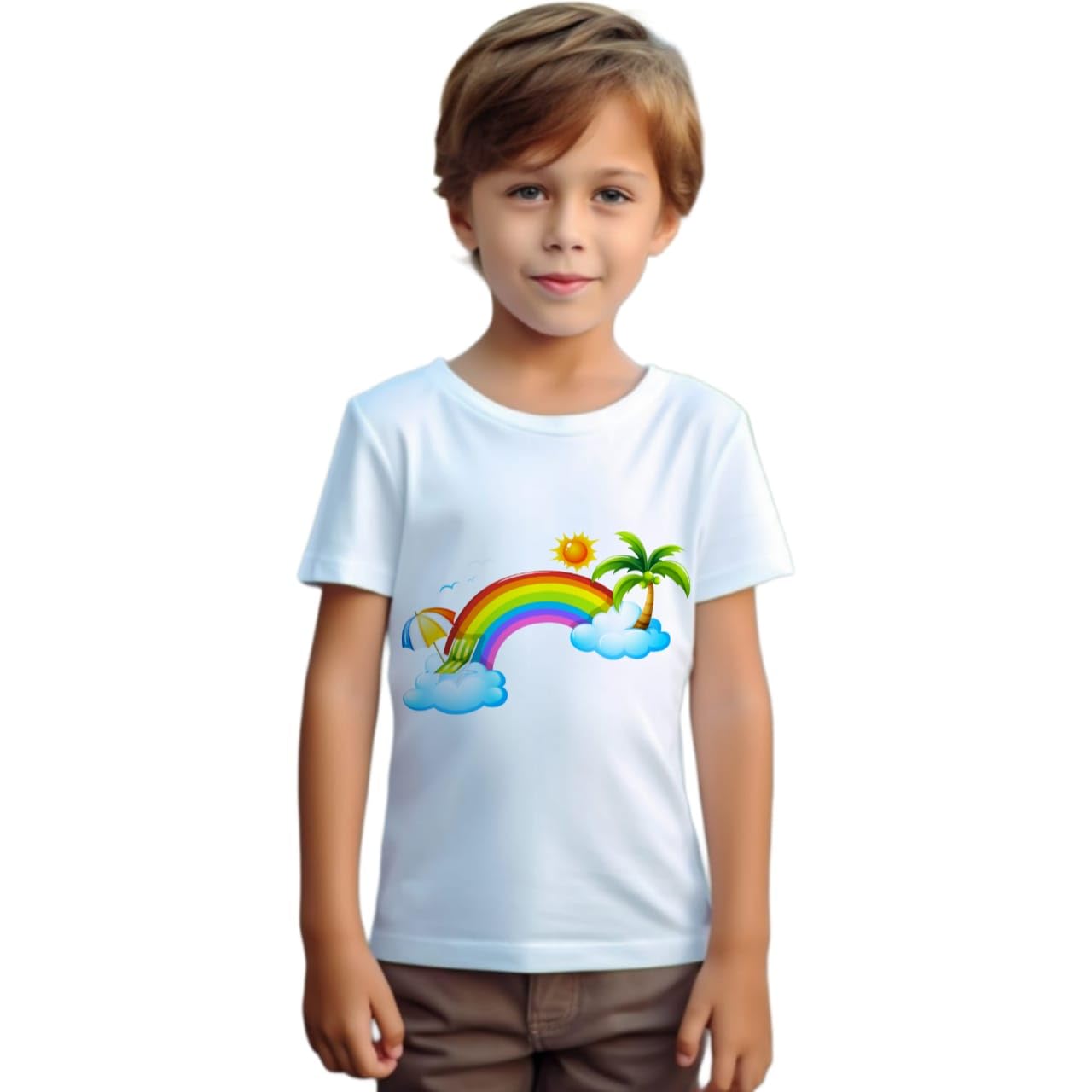 GenericKids Boys and Girls White Rainbow Cloud Graphic Print Cotton Blend Round Neck Half Sleeve Tshirt SAW1