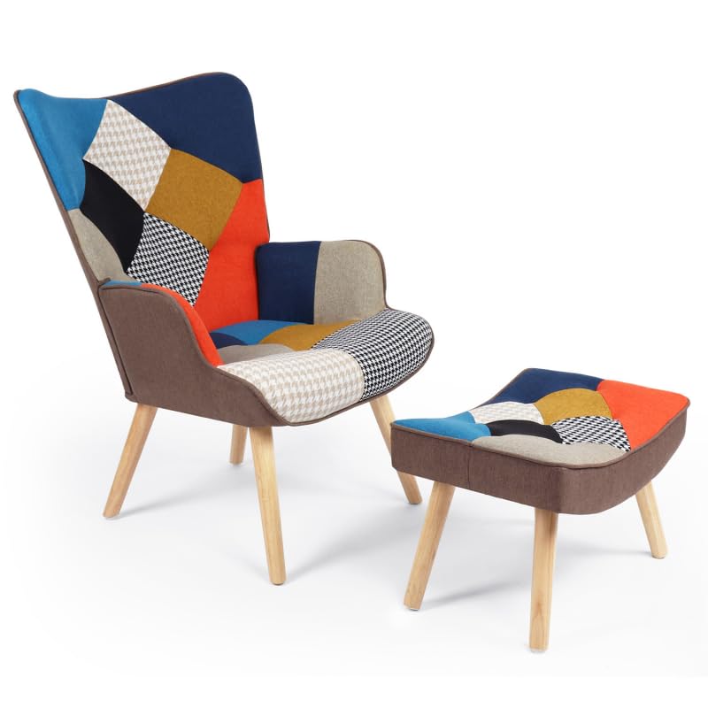 IDMarket Ivar - Sillón escandinavo con reposamuñecas en tejido Patchwork multicolor e impreso de pie de gallina