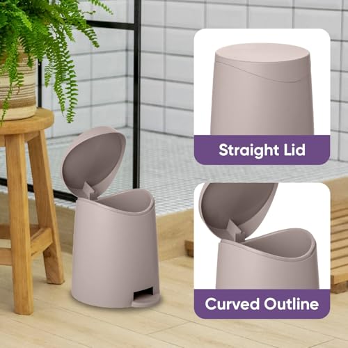 Image of Superio Mini Bathroom Trash Can with Lid 3 Liter, Plastic Waste Bin 0.75 Gallon, Modern Flat Lid Step On Trash Can with Foot Pedal, for Bathroom, Bedroom, Office, Under Desk, Soft Close (Taupe)