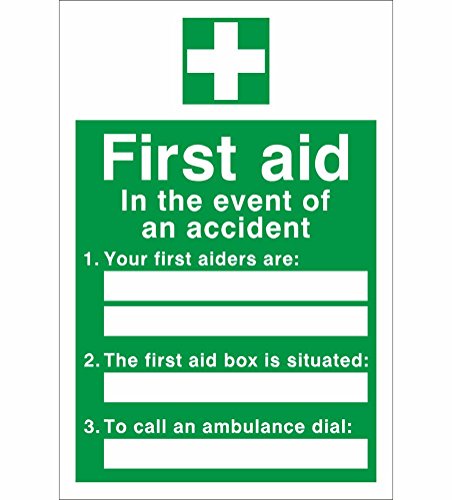 UK Safety Store First Aid In The Event Of An Accident Sign 200mm x 300mm - Self Adhesive (FA.08F-SA)