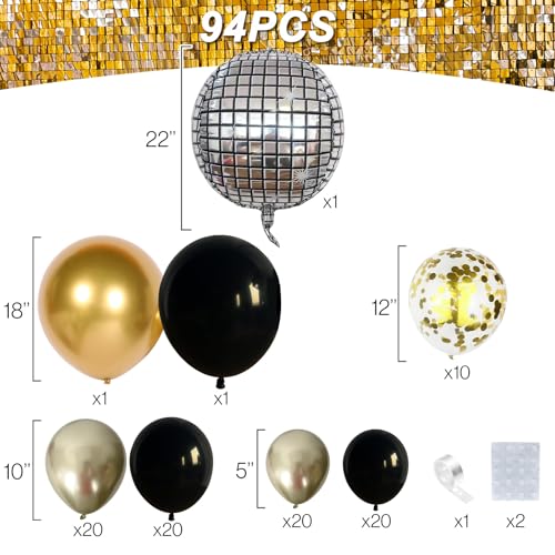 Image of Black and Gold Balloons Garland Arch Kit, 18 12 10 5 Inch Black Metallic Gold Balloon Arch Kit, Champagne Gold with 4D Disco Balloon for Graduation Birthday Retirement New Year Father's Day