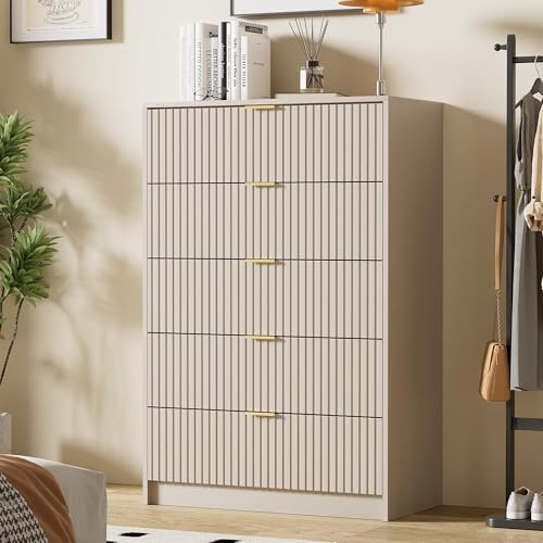 Image of Furniway Beige Dresser Bedroom Set 3 Pieces, Nightstands Sets of 2, 5 Drawer Dresser with Gold Handles for Bedroom
