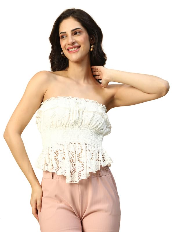 Image of oxolloxo Women White Elasticated with Tie-Up Detail Off - Shoulder Dobby Top