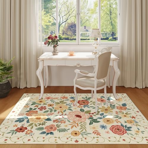 Tapis lavable floral jaune et beige DUKINO 91x152 cm - 4