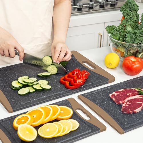 Image of Extra Large Cutting Boards, Plastic Cutting Boards for Kitchen (Set of 3) Cutting Board Set Dishwasher Chopping Board with Juice Grooves Easy-Grip Handles, Brown, Empune