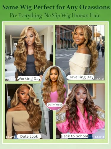 Image of KLAIYI Bye Bye Slip Honey Blonde Highlight Body Wave Pre Everything Glueless 13x4Ear to Ear Lace Frontal Wigs Human Hair Drawstring Ombre Pre Plucked Bleached Knots 3S Ready to Wear and Go Wig 20Inch