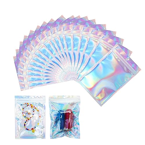 Lot de 25 sacs rectangulaires en Mylar avec fermeture éclair, holographique arc-en-ciel, laminé PET, feuille d'aluminium, sacs à fermeture éclair...