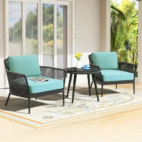Image of DEVOKO Outdoor Living with Our 3 Piece Patio Set, Grey Rope Bistro Furniture with Sky Blue Cushions, Ideal for Balcony, Backyard Or Porch Provides Durability & Style
