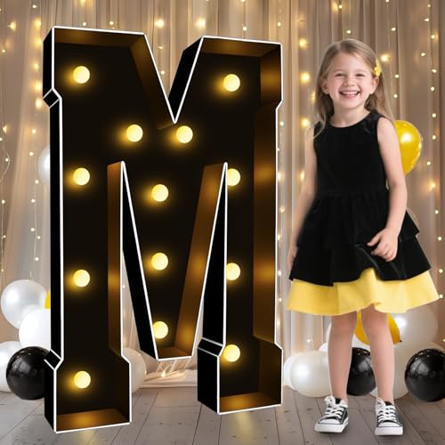 Image of Pooqla 3FT Marquee Light Up Letters, Black Large Letter M Party Decorations | LED Marquee Letters 3 Feet Tall, Black Giant Mosaic Letters Gift for Boys Men Birthday Anniversary Wedding Decoration