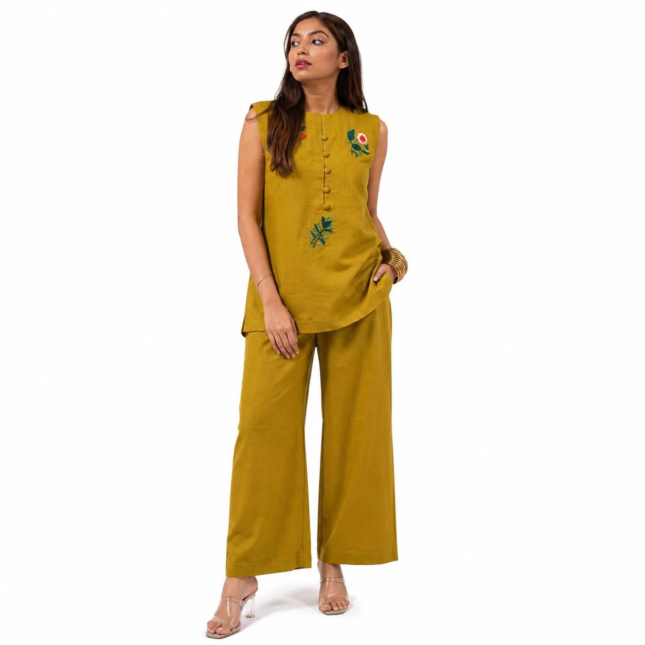 Women's Cotton Slub Co-Ord Set | Sleeveless Embroidered Top with Palazzo Pants | Casual Ethnic Co Ord Set for Women | Summer Wear Kurta Pant Set-picture-29