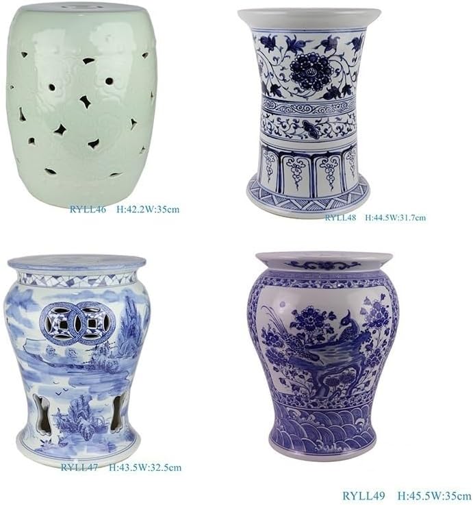 Ceramic Garden Stool Decorative Garden Stools Antique Blue and White Twining Lotus Stool Hand-Painted Hollow Landscape Drum Stool Bean Green Dressing Cooler Ornaments Garden Stool Ceramic(E)
