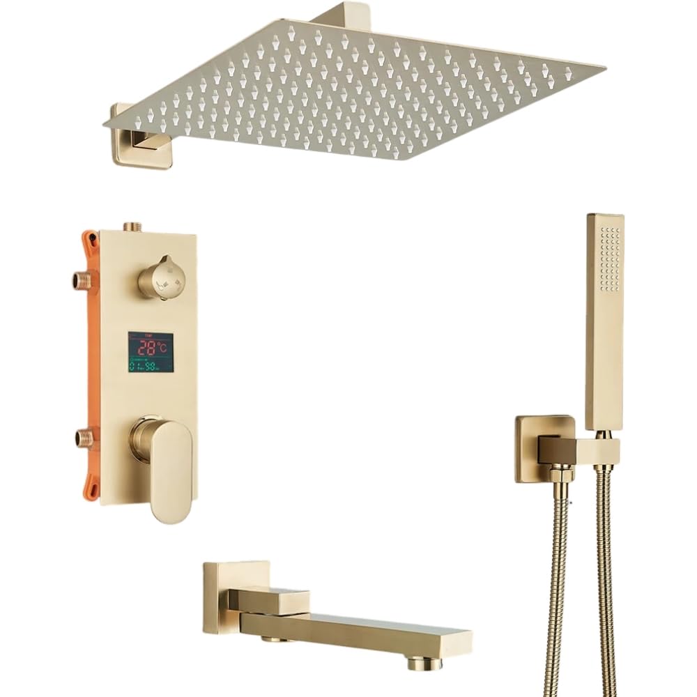 Système de douche encastré de prestige en or brossé avec mitigeur 3 voies haut de gamme