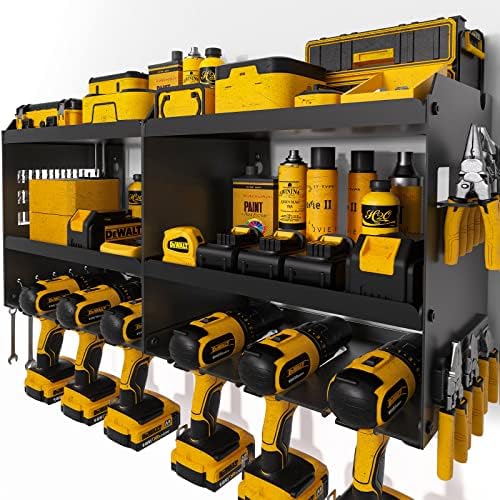 Power Tool Organizer, Garage Organization with 6 Drill Holders Wall Mount, 3 Layers Heavy Duty Metal Premium Garage Utility Tool Shelf, Cordless Tool Storage Rack for Pegboard Shed Workshop Shelving