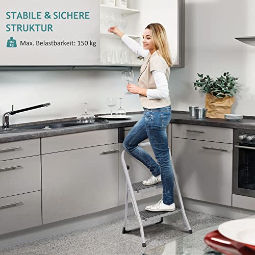 Trittleiter 2 Stufen Leiter Klapptritt Klappleiter Klapptreppe Tritt Haushaltstritt Stehleiter Sprossenleiter klappbar faltbar bis 150 kg (2 Stufen, Silber/schwarz)