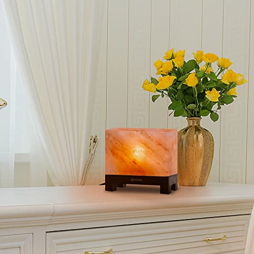 Nevlers Rectangle Shape Pink Himalayan Salt Lamp With Wood Base | 7-8 Lbs 8"H X 3.75"W X 7.5"L Salt Rock Lamp | Himalayan Pink Salt Lamp + 2 Bulbs & Dimmer Cord| Hand Crafted Pink Himalayan Salt Lamps #TOP5