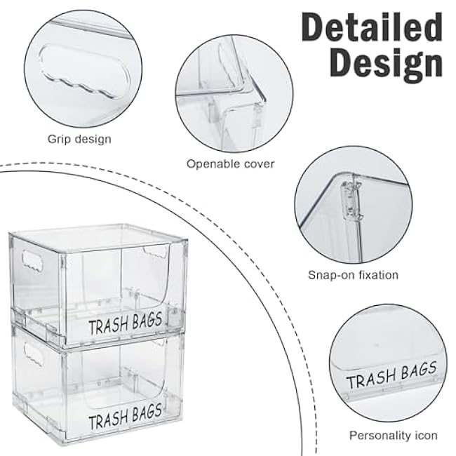 Trash Bag Holder Stand,Stackable Trash Bag Dispenser with Lids, Plastic Under Sink Organizers and Stackable Storage Box, Large Garbage Bags Dispenser for Kitchen, Pantry, Laundry Room