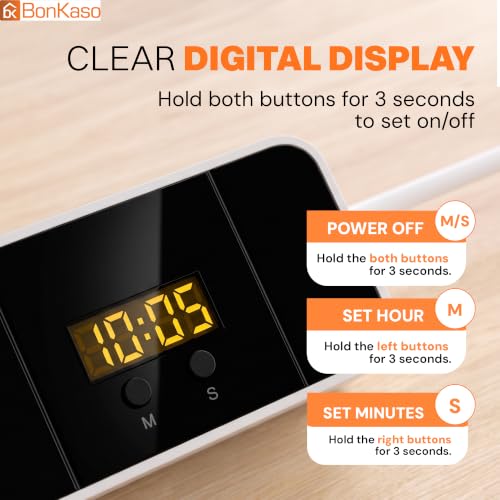 Image of BonKaso Power Strip Extension Board with 3 AC Outlets, 2 USB A & 2 Type C Ports, Digital Display Timer, Touch Night Light, Bedside Charging Station, Overload Protection, Compact Desktop Power Hub White