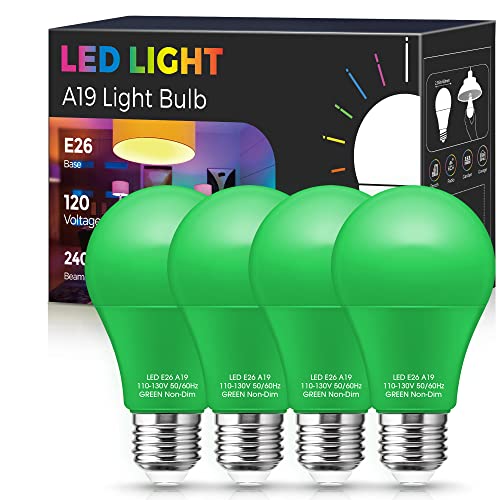 Green Light Bulb, 9W (60W Equivalent) A19 Green Color Light Bulbs, E26 Base Non-Dimmable,720LM 120V Porch Light, LED Colored Light Bulbs for Halloween Christmas Party Holiday Lighting 4 Pack Green Light Bulb, 9W (60W Equivalent) A19 Green Color Light Bulbs, E26 Base Non-Dimmable,720LM 120V Porch Light, LED Colored Light Bulbs for Halloween Christmas Party Holiday Lighting 4 Pack
