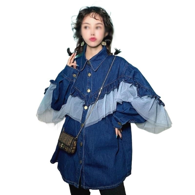 Image of Lace Ruffle Patchwork Jeans Blouse Causal Long Sleeve Woman Cowboy Demin Shirts(L Code)